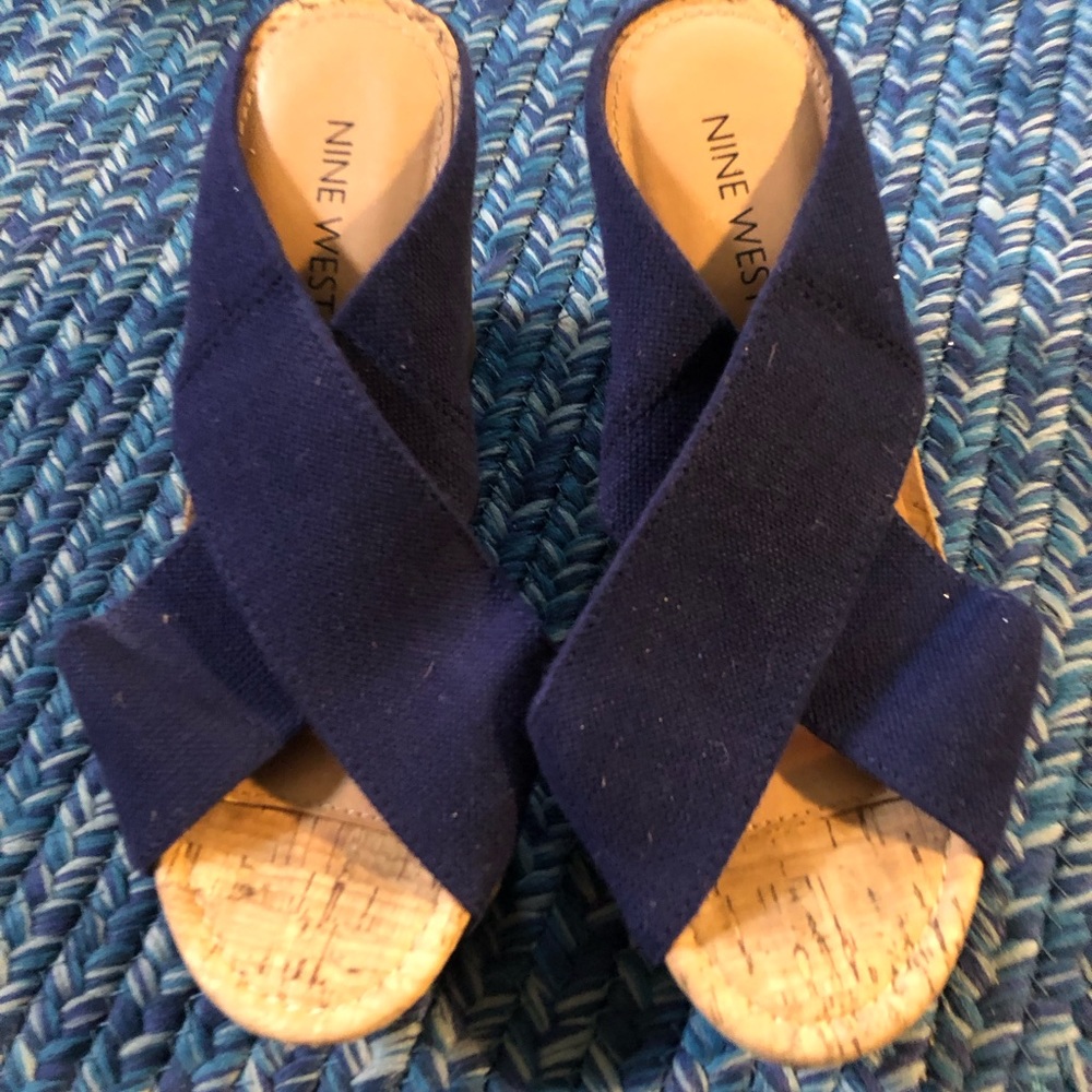 Nine west, dark blue wedge style sandals, size 5.5 worn once.